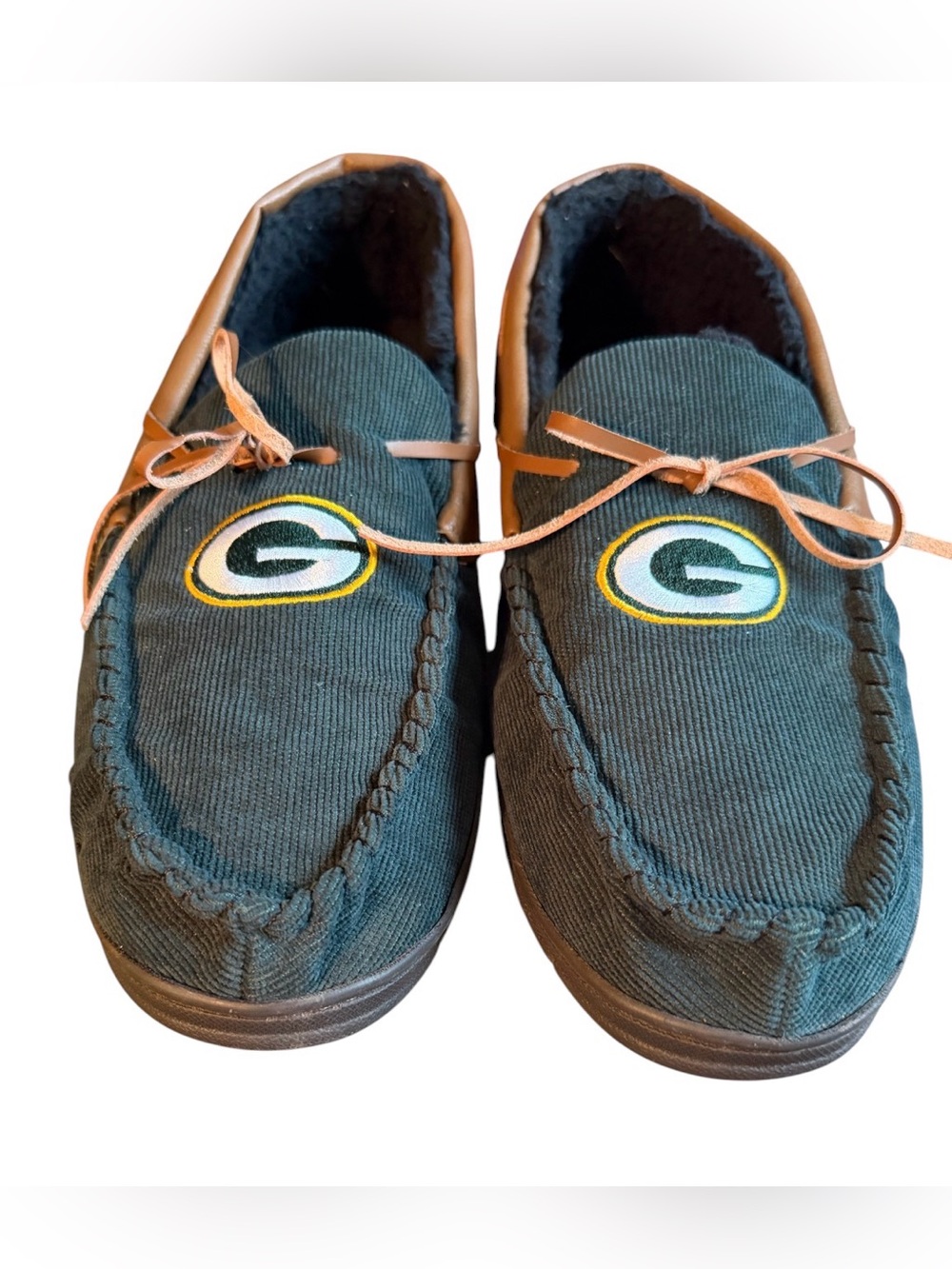 FOCO Green Bay Packers Moccasin Slippers Men’s L 11-12 Corduroy Faux Fur NFL